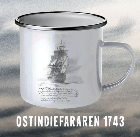 Emaljmugg Ostindiefararen 1743 - Segelfartyg med handskriven text